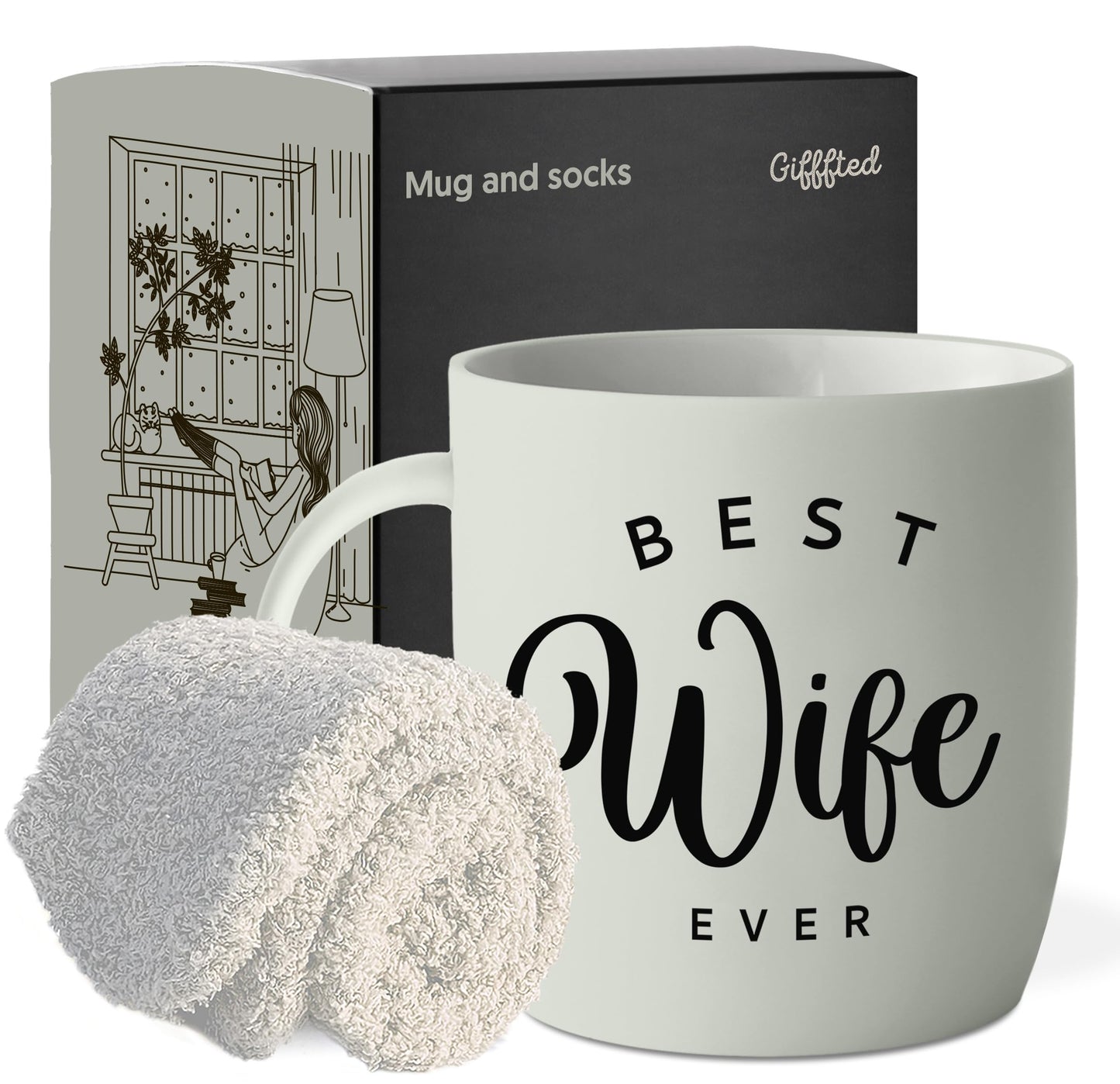 Triple Gifffted Worlds Best Wife Ever Coffee Mug and Socks Gifts For Women From Husband For Valentines For Her Birthday Wedding Anniversary Christmas Mothers Day, Ceramic, Cream, 380ML