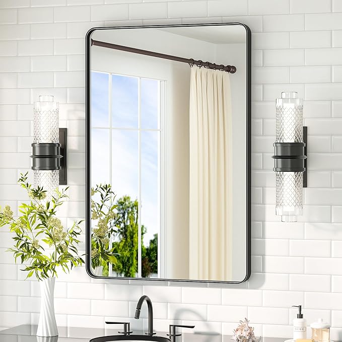 TETOTE Black Mirror for Bathroom 24 x 36 Matte Black Metal Framed Vanity Mirror, Tempered Glass, Modern Farmhouse Wall Mounted Mirrors for Decorative(Horizontal/Vertical)