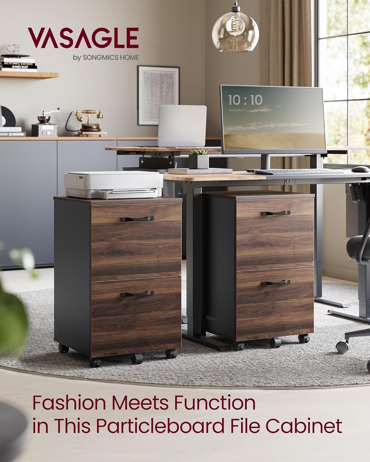 VASAGLE 2-Drawer File Cabinet, Small Rolling Filing Cabinet for Home Office, Printer Stand, for A4, Letter-Size Documents, 15.7 x 16.5 x 27.6 Inches, Natural Walnut and Ink Black UOFC040K01