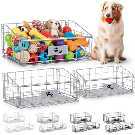 Mimorou 3 Pack Metal Dog Toy Baskets Multi-sized Foldable Dog Toy Bins Box Storage Container Organizer for Living Room Area Decorative Pet Accessories Coat Clothing Storage Holder Baskets(Silver)