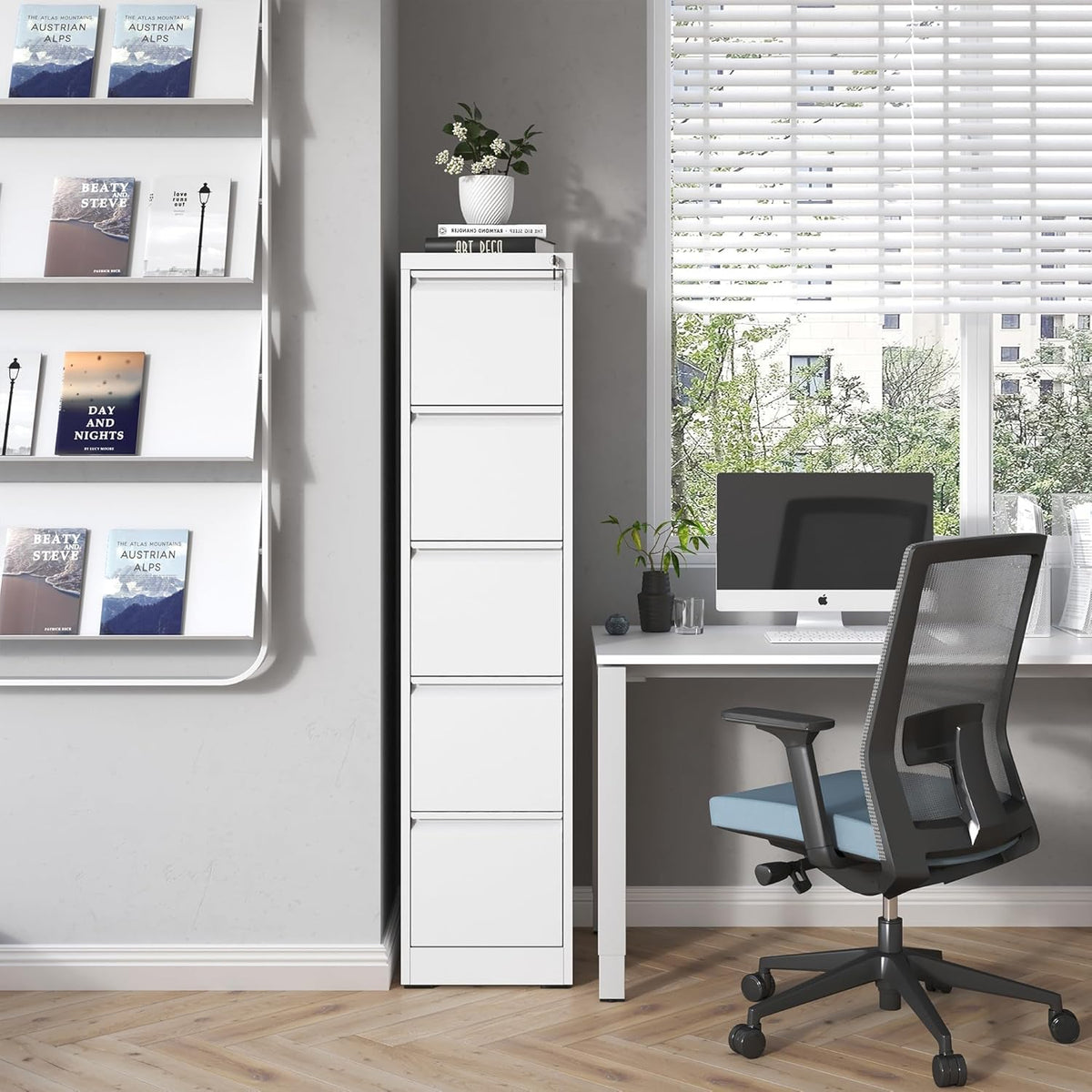 5 Drawer File Cabinet with Lock,Metal Vertical Filing Cabinets for Home Office,Heavy Duty File Storage Cabinet for Letter/Legal/A4/F4 Size File,Assembly Require (White, Vertical 5 Drawer)