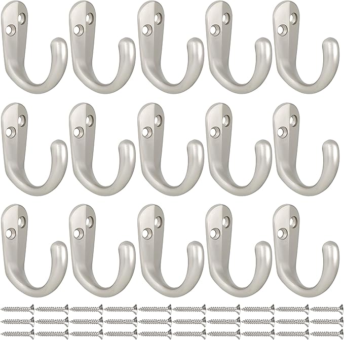IBosins 15PCS Coat Hooks Wall Mounted Single Prong Robe Hook for Hanging Towel Hooks with 30 Screws for Bags, Hat, Cap, Scarf, Cup (Silvery)