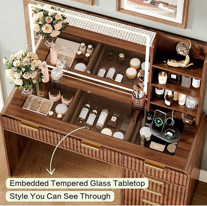 47“Makeup Vanity Desk with Mirror and Lights, Vanity Desk with 7 Drawers & Storage Shelves, Vanity Table with Power Outlet, 3 Color Modes & Adjustable Brightness Dressing Table, Bedroom,Brown
