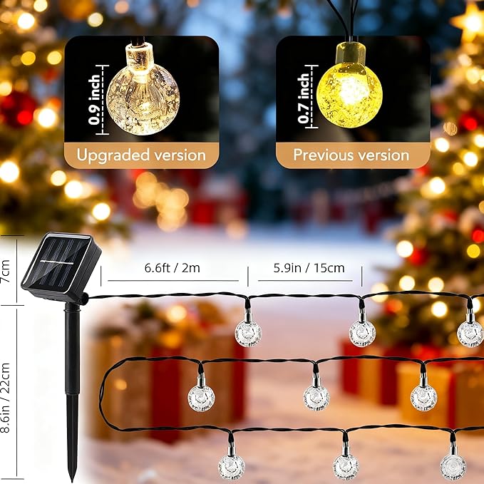 Solar String Lights Outdoor Waterproof IP65 9.3 Feet 20 LED 8 Modes Crystal Globe Fairy Light for Garden Parterre Terrace Decor,Wedding,Party,Camping（Multi-Colored）
