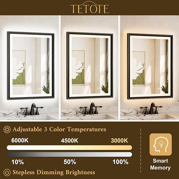 TETOTE LED Bathroom Mirror with Lights Black Metal Framed 30x36 Frontlit & Backlit Vanity Mirror Baroque Gothic Antifog Stepless Dimmable White/Warm/Natural,Wall Mounted(Horizontal/Vertical)