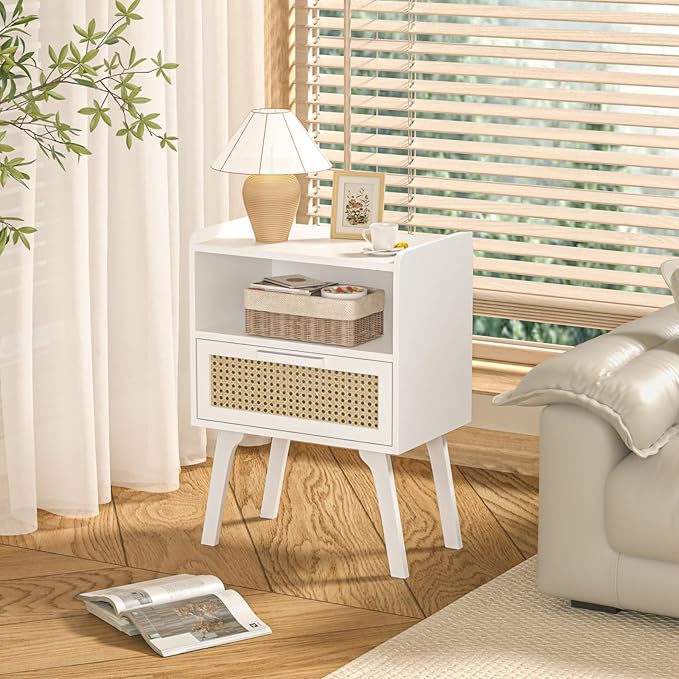 Lerliuo Rattan Nightstands Set of 2, Bedside Table with Drawer Open Shelf, Cane Accent Side End Table with Solid Wood Legs, White Mid Century Night Stand for Bedroom, Dorm and Small Spaces