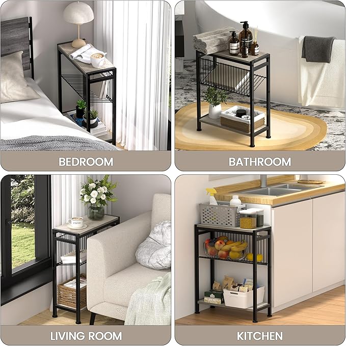 Small Side Table for Small Space, 3-Tier Narrow End Table with Magazine Holder, Slim Nightstand, Skinny Snack Couch Table in Living Room, Bedroom, Study, Kitchen and Balcony (Greige)