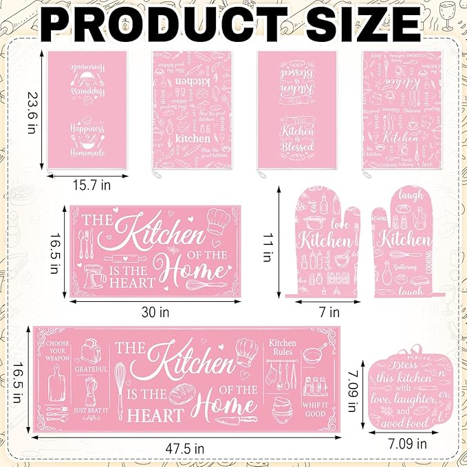Pink Kitchen Accessories Set 10 Piece - Cute Baking Theme Kitchen Towels, Rugs, Oven Mitts and Pot Holders - Happiness is Homemade Retro Decor Gift for Baker, Mom, Women