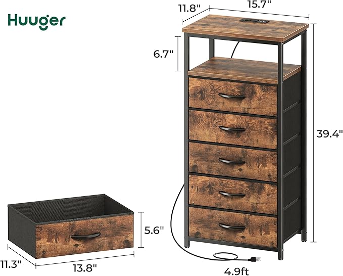 Huuger 5 Drawers Dresser with Charging Station, Set of 2, Dresser for Bedroom, Tall Night Stand, Chest of Drawers with Open Shelf, Bedside Table Nightstand, Fabric, Rustic Brown