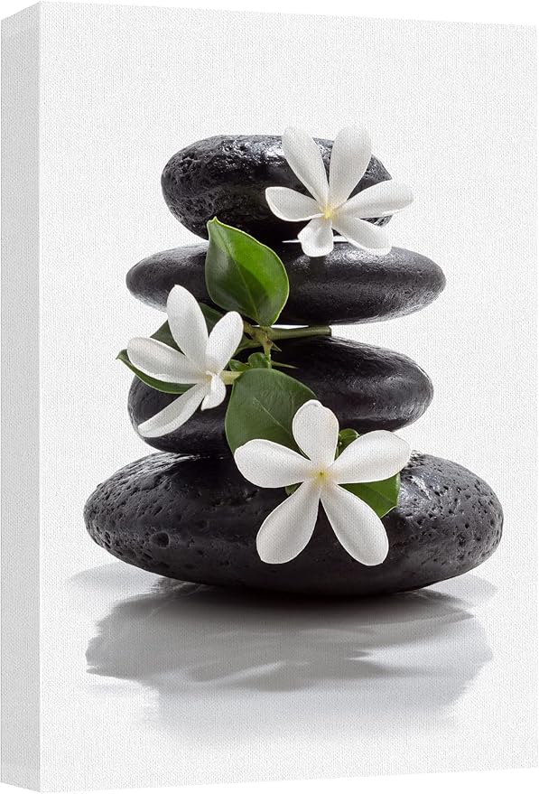 wall26 Canvas Print Wall Art Zen Dark Basalt Stones with Magnolia Blossoms Nature Floral Photography Realism Rustic Colorful Multicolor Ultra for Living Room, Bedroom, Office - 32"x48"