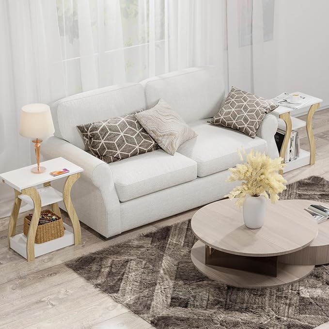 End Table Set of 2 with Charging Station, Side Table with USB Ports and Outlets, Nightstand, 3 Tier End Table with Storage Shelf for Living Room, Bedroom (White Set of 2)