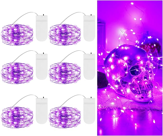 TingMiao Halloween Purple Fairy Lights Battery Operate,7.2ft 20 LEDs String Lights Silver Copper Wire for Hallowen Christmas DIY Decoration Wedding Party (6 Pack)