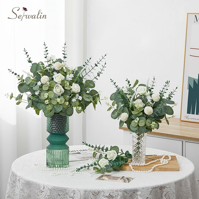 Serwalin 100 Pcs 7 Kinds Mixed Artificial Eucalyptus Leaves Stems Bulk with Flowers Faux Silver Dollar Eucalyptus Stmes Greenery Branches for Wedding Floral Arrangement Centerpieces Home Decor