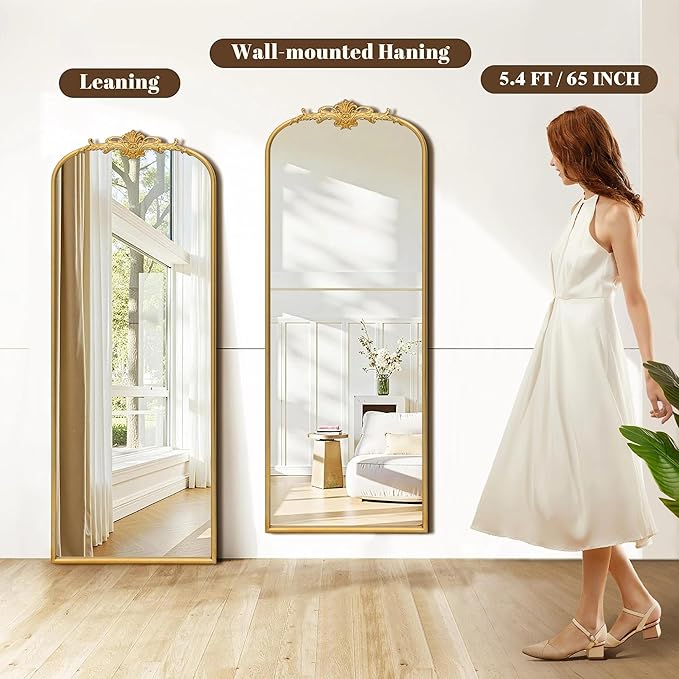 Besdomus Antique Full Length Mirror: 21"x56" Gleaming Gold Arched Full Body Mirror - Floor Vintage Baroque Traditional Ornate for Entryway/Cloakroom/Bedroom - Home Decor for Interior Designers