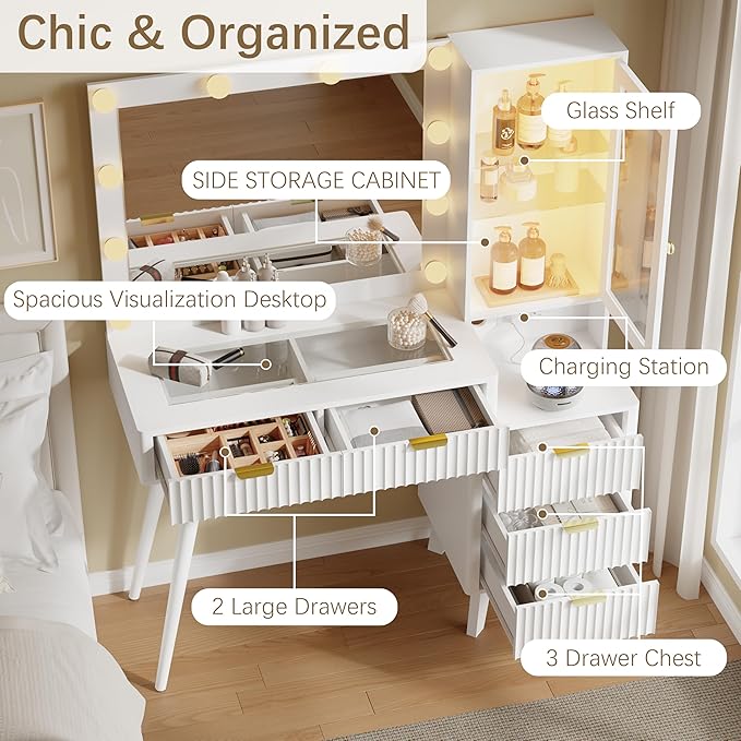 45'' Fluted Makeup Vanity Desk with LED Lights Mirror & Charging Station, Modern Glass Top Vanity Table with 5 Drawers & Glass Cabinet, Dressing Table for Bedroom, Living Room, White