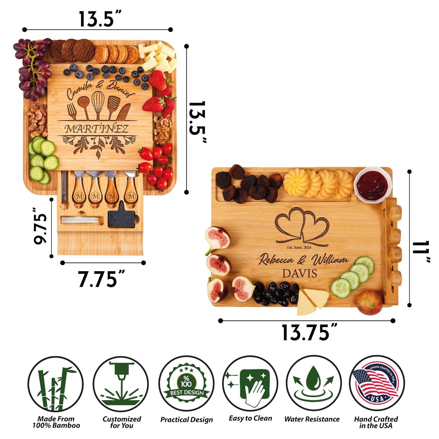 Personalized Charcuterie Board Gifts for Couples – Custom Large Cheese Board with Knife & Utensil Set for Wedding, Anniversary, Birthday, Housewarming, Engagement, Party, New Home, Christmas