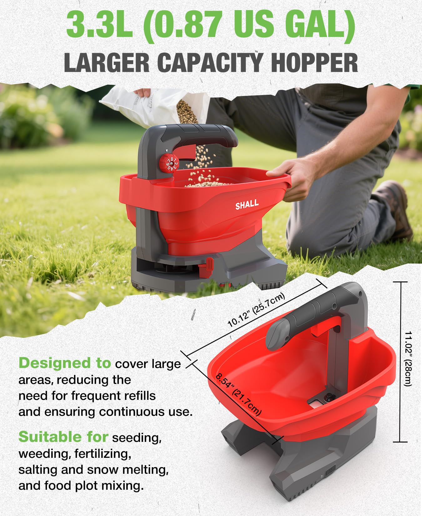 SHALL Battery Powered Fertilizer Spreader, 7.2V Rechargeable Seed Spreader for Salt, De-Icer, Earth Food, Grass Seed, 8-Level Settings and 3.3L Large Capacity Spreading up to 6458 sq.ft