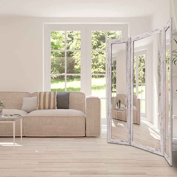 Houseables Full Length Mirror, Trifold Body Mirrors, 71x32-65 Inch, White, Extra Large, Oversized, 360, 3-Way, Standing Floor, Wood Framed, Farmhouse, Rustic, 3 Sided for Bedroom, Dressing, Makeup