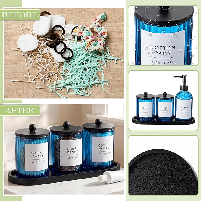 Yaomiao 5 Pack Bathroom Accessories Set, Modern Bathroom Decor Sets, Glass Liquid Soap Dispenser, Vanity Tray, Toothbrush Holder, Cotton Swab Jars with Lids for Sink Countertop(Blue,Striped)