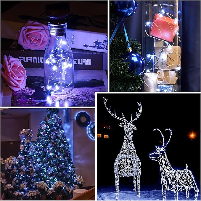 2 Pack Led Fairy Lights Battery Operated String Lights Waterproof Silver Wire 7 Feet 20 Led Firefly Starry Moon Lights for DIY Wedding Party Bedroom Patio Christmas (2 Pack, White)