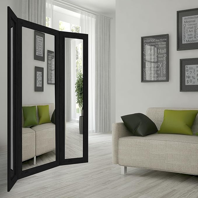 Houseables 3 Way Mirror, Floor Mirror, Full Length, Trifold, Three Way Folding, Floor Standing, Full Body, Wood Framed, 3 Sided for Bedroom, Makeup, Oversized, Foldable, Black, 71 x 32 to 65 Inch