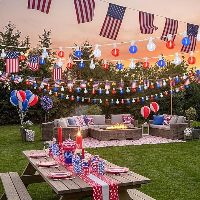LAMPHOME 2 Pack 26Ft LED G40 Red White and Blue String Lights Outdoor, 4th of July Patriotic Lights with 12+1 Shatterproof Bulbs, Memorial Day Independence Day Decor for Yard Garden Patio