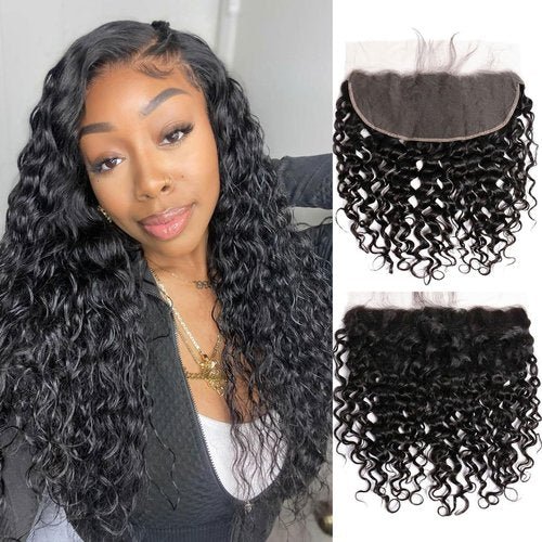 DSEKCAIN Water Wave HD Frontal 13x6 Lace Frontal HD Lace Water Wave Human Hair Transparent Closure 100% Raw Virgin Human Hair Free Part Natural Black Color 16 Inch