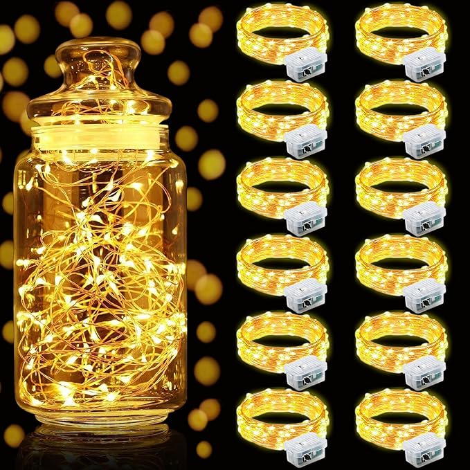 Aogist 12 Pack Fairy Lights 3 Modes 7ft 20 LED Waterproof,Battery Operated Silver Wire Firefly Starry Moon Mini String Lights for Mason Jars Christmas DIY Crafts Wedding Party Bedroom,Yellow