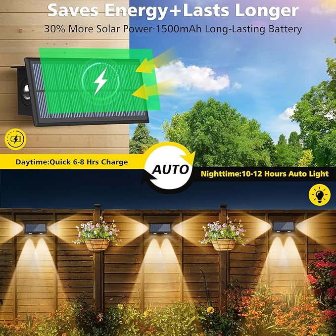 T-SUN Solar Fence Lights, 6 Pack Fence Lights Solar Powered 3000K Warm White, IP65 Waterproof Solar Wall Light Outdoor for Yard Step Patio Railing Pool Porch