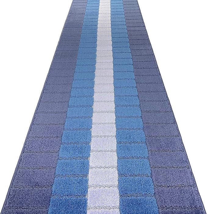 Custom Size Coastal Nautical Style Runner Rug Carpet for Hallway Entryway, Slip Resistant Latex Rubber Backed, 31 inch Wide X Customized Length, Squares Blue, 31 inch X 9 feet