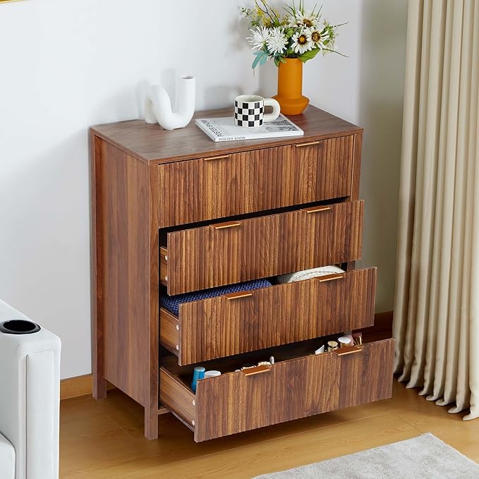 4 Drawer Dressers for Bedroom, Modern Closet Chest of Drawers with Waveform Fluted Panel, Large Wood Storage Dresser Organizer for Nursery Bedroom Living Room Hallway Closet, Walnut