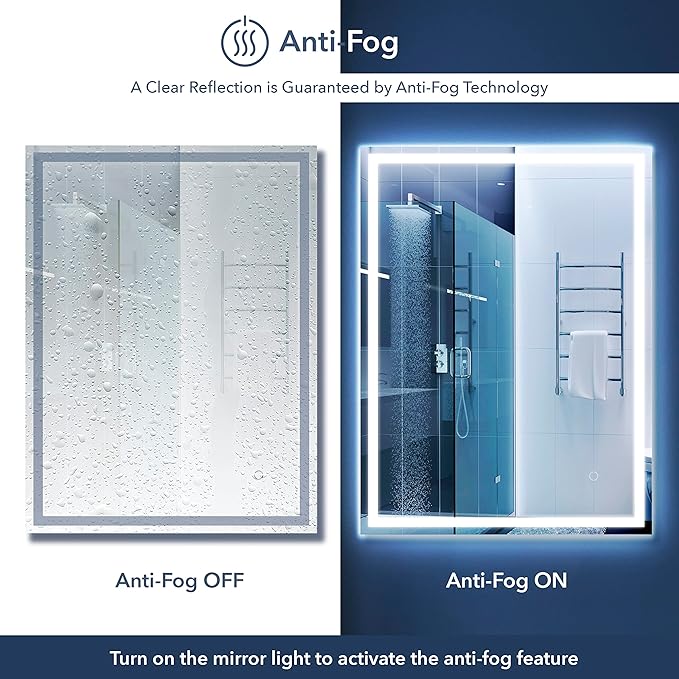 JONATHAN Y MIR100A-3648 Pax 36 in. W x 48 in. H Large Rectangular Frameless Antifog Front/Back-Lit Wall Bathroom Vanity Mirror with Smart Touch