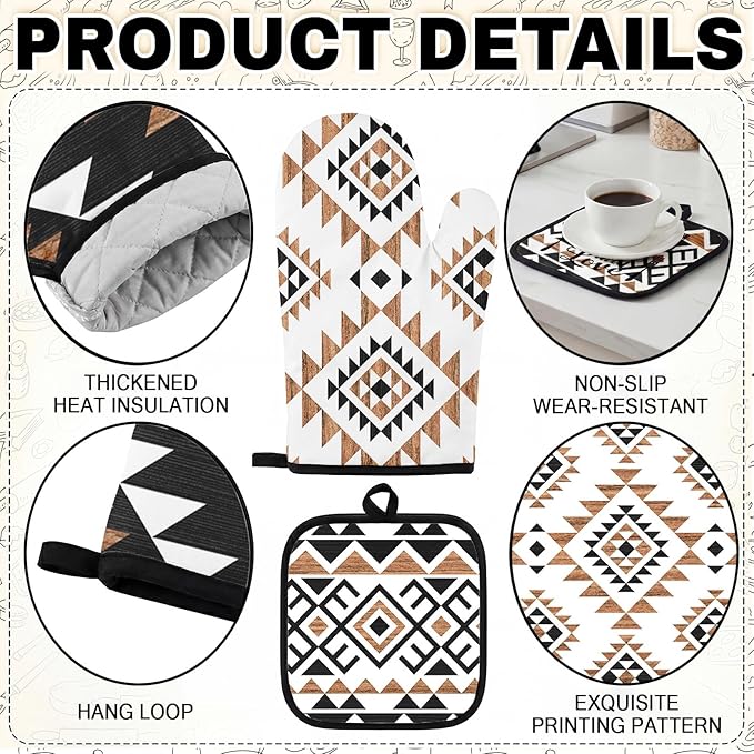 Southwestern Kitchen Decor Set 10 Piece - Aztec Geometric Tribal Pattern Kitchen Rugs, Towels, Oven Mitts and Pot Holders - Modern Boho Native American Style Accessories for Home Apartment