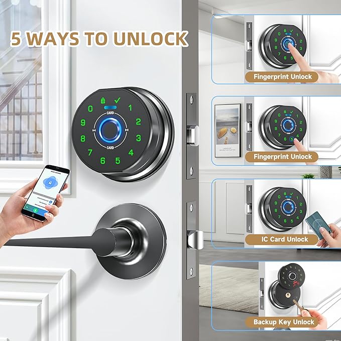 keyless Entry Door Lock deadbolt with Handle Set- Front Door Fingerprint Smart Locks with 2 Lever Handles-Keypad Code Deadbolt -App Control,Auto Lock,Easy to Install