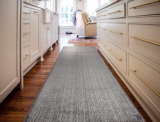 Custom Length Cut to Size Wide Width Carpet Runner Rug for Hallways, Skid Resistant Latex Rubber Backed, 31 inch Wide X Customized Length, Stripe Grey, 31 inch X 26 feet
