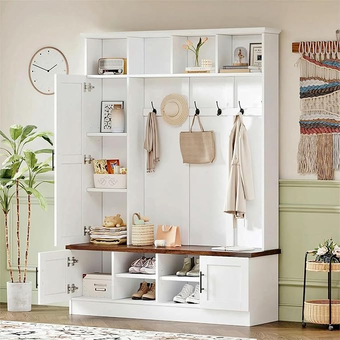 Modern 55‘’ Wide Hall Tree with 6 Hooks, Wood Brown Grain Minimalist Shoe Cabinet with Adjustable Shelves, Versatile Entryway Coat Rack for Living Room Hallway (White-11A)