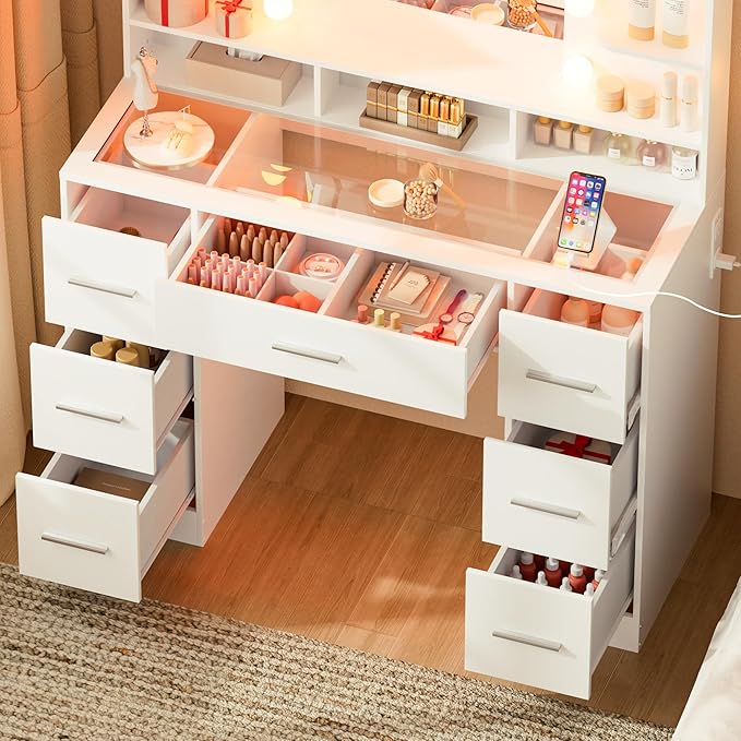 Vanity Desk with Mirror and Lights, Large Glasstop Makeup Vanity Desk with 7 Drawers and Power Outlet, 6 Open Shelves, White