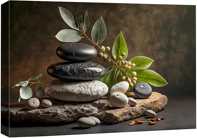 wall26 Canvas Print Wall Art Zen Massage Stone Pebble Bamboo Leaf Nature Wilderness Photography Realism Modern Art Decorative Multicolor Rustic Minimal Relax/Calm/Cozy Colorful for Bedroom - 16"x24"