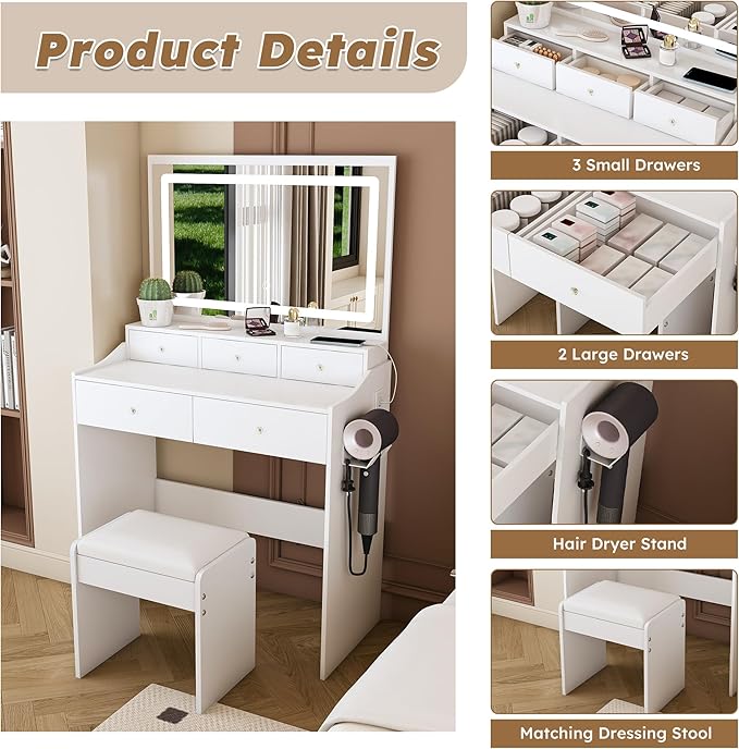 Vanity Desk with Large Mirror and Stool, Makeup Table with LED Lighted - 3 Color Models, Makeup Desk with 5 Drawers & Power Outlet, Dressing Makeup Table for Women Girls Bedroom, White