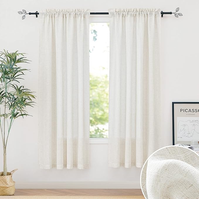 RYB HOME Semi Sheer Curtains, Extra 66 inches Widith Thick Linen Burlap Rod Pocket Machine Washable Privacy Assured for Living Room Bedroom, W 66 x L 84 inches, Linen, 2 Panels