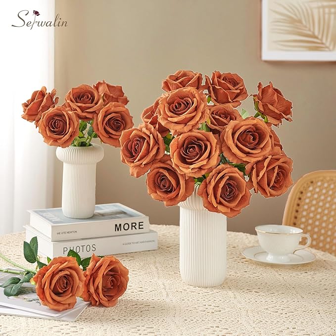 Serwalin 20pcs Artificial Burnt Orange Roses, 4'' Big Flower Head Fake Roses, Velvet Real Touch Roses, Silk Roses Long Stems for Home Decor Wedding Bouquet and Table Centerpiece