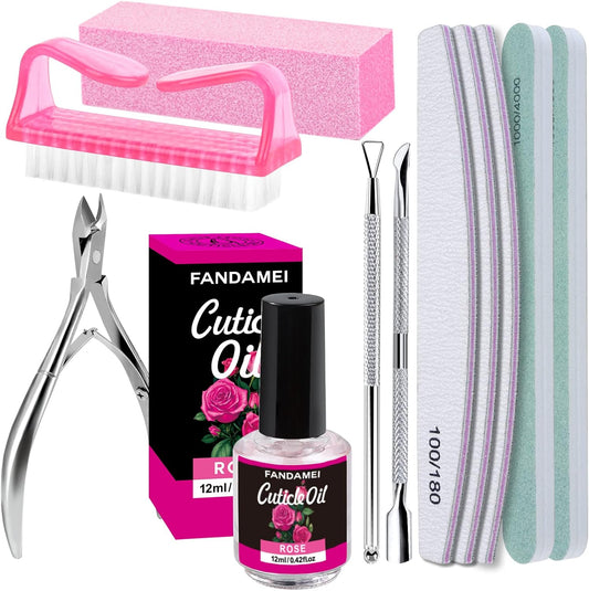 FANDAMEI Nail Files and Buffers, Manicure Tools Nail Care Kit with Nail File, Nail Buffer Block, Cuticle Care for Women with Nippers, Pusher Peeler. Cuticle Oil and Nail Prep Kit.