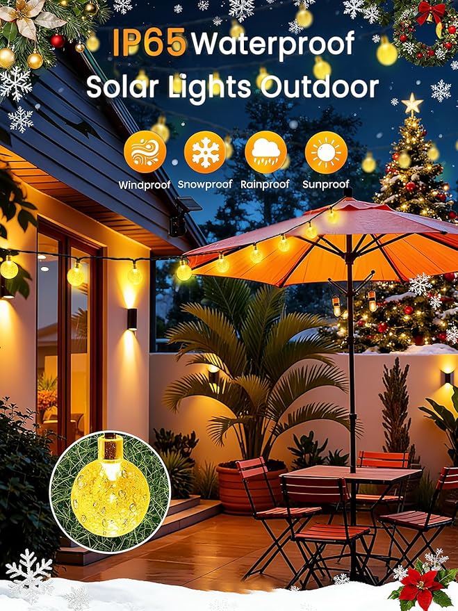 2-Pack 72FT 120 LED Crystal Globe Solar String Lights Outdoor, Waterproof Solar Powered Lights for Outside, 8 Lighting Modes Patio Decorations for Garden Yard Wedding Party Porch Xmas(Warm White)