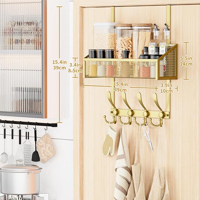 Over The Door Hooks Organizer, Coat Rack Over The Door Storage Hanger Towel Rack, Back of Door Storage Organizer for Bathroom,Bedroom,Kitchen,Office (Gold, 2-Tier)