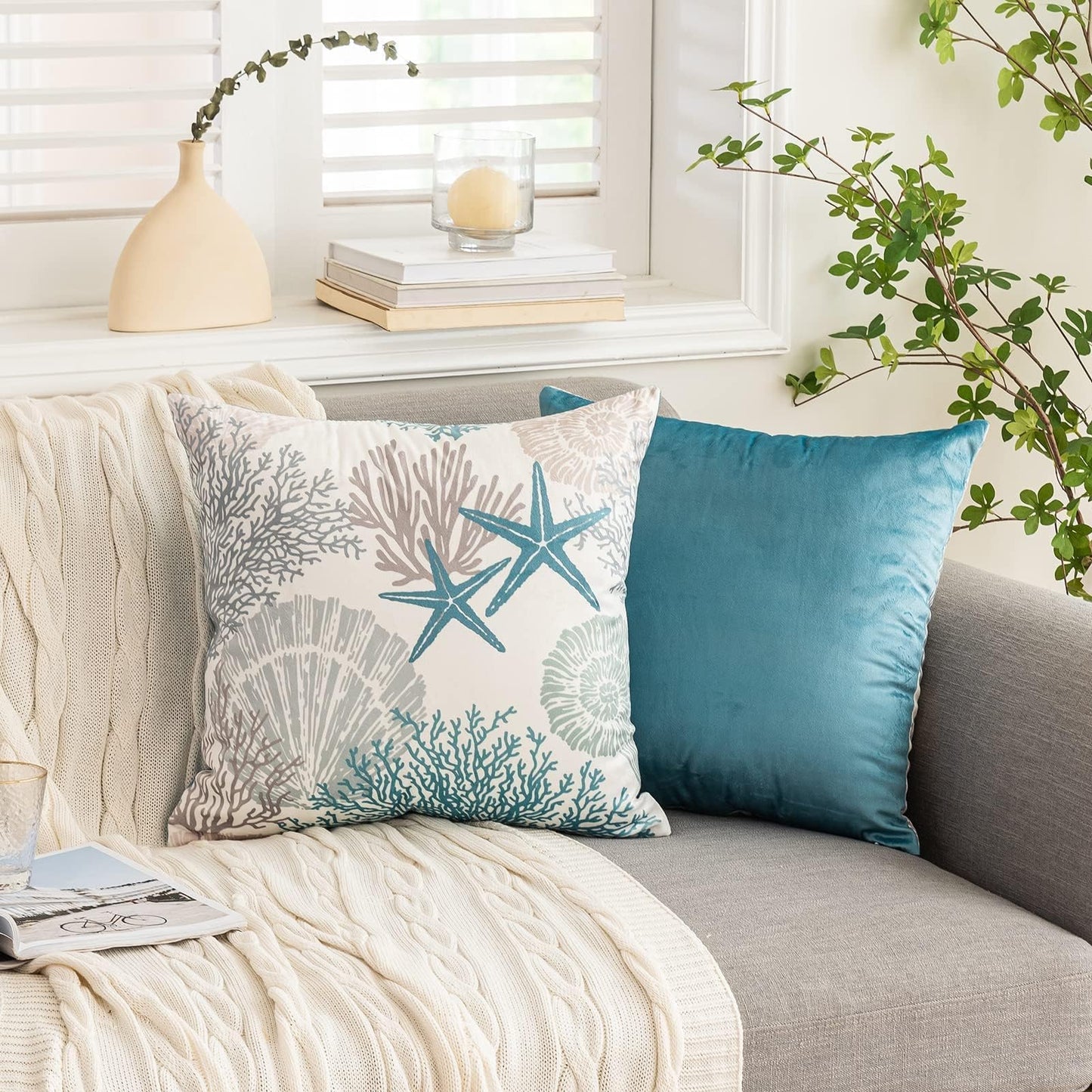 Tritard Nautical Coastal Throw Pillow Covers 18x18 Set of 2 Beach Themed Ocean Seashell Coral Starfish Velvet Couch Decorative Pillow Cases Outdoor Sofa Cushion Cover for Bedroom Living Room, Blue
