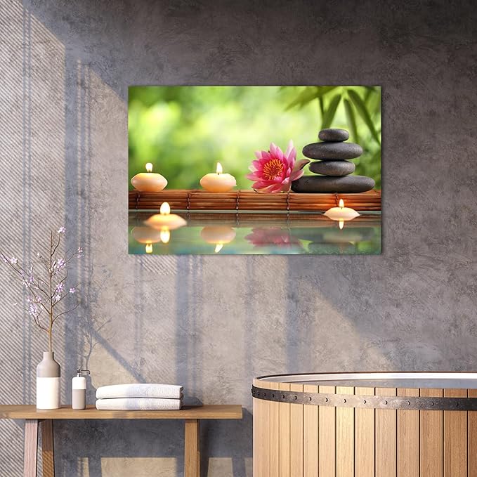 Zen Wall Art Decor, Modern Bathroom Zen Decor Wall Art, Canvas Wall Art for Spa Zen Room Decor, Green Bamboo Forest and Black Pebble Relaxing Art Prints for Office Meditation Decor 18x24 Inches