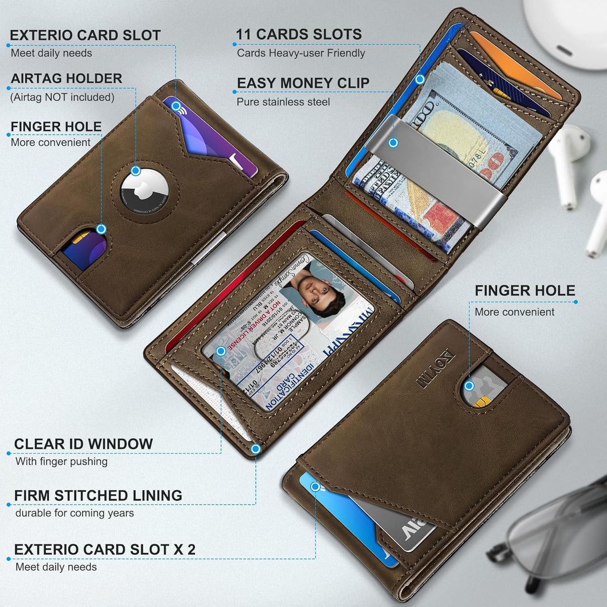 Airtag Wallet for Men,with Money Clip 11 Cards Slim Front Pocket Leather RFID Blocking Wallet with Gift Box