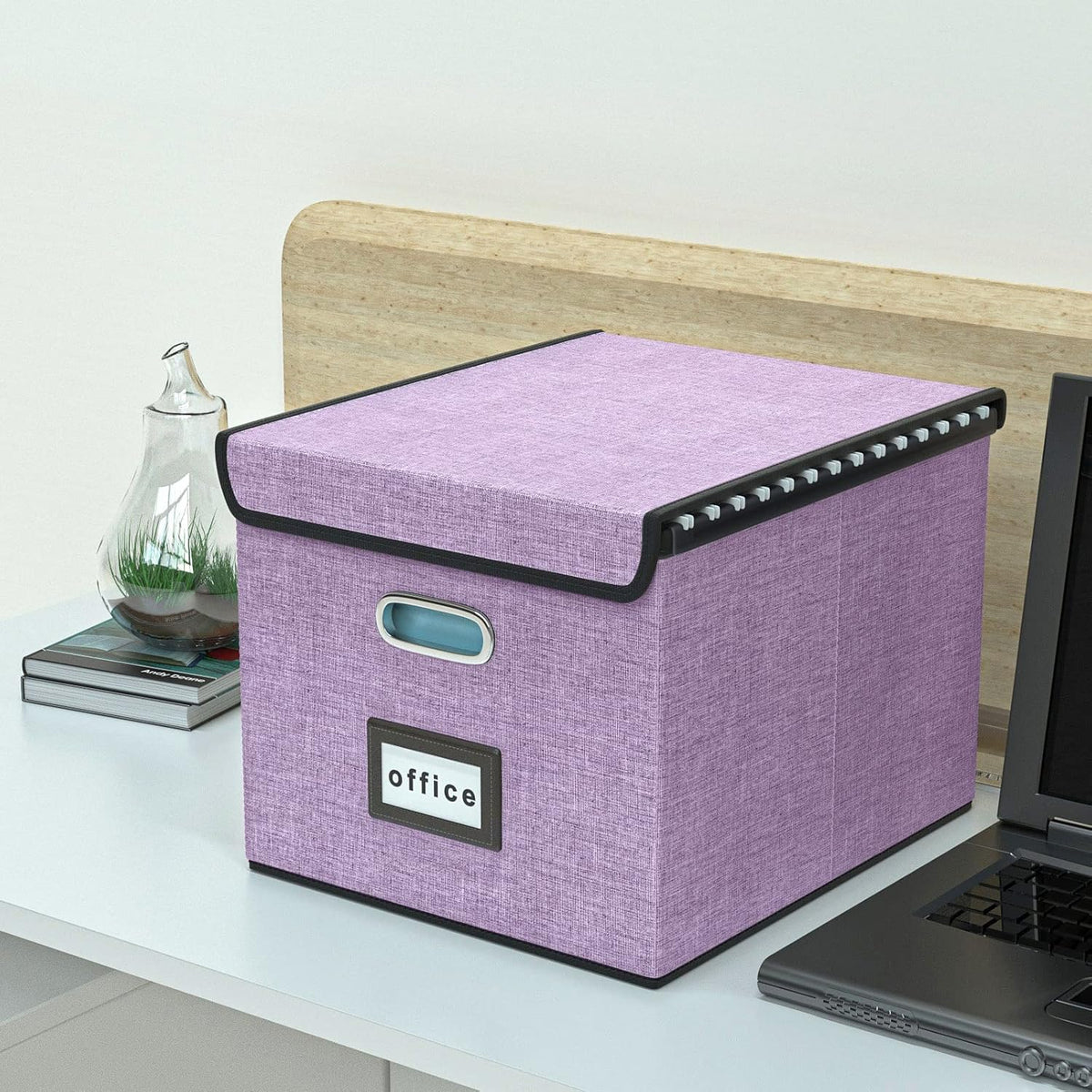Decorative File Organizer Storage Boxes with Lid, Huolewa Linen Hanging Filing & Storage Box with Plastic Slide for Office/Decor/Home, Universal Hanging Filing Organization Box for Letter/Legal Folder