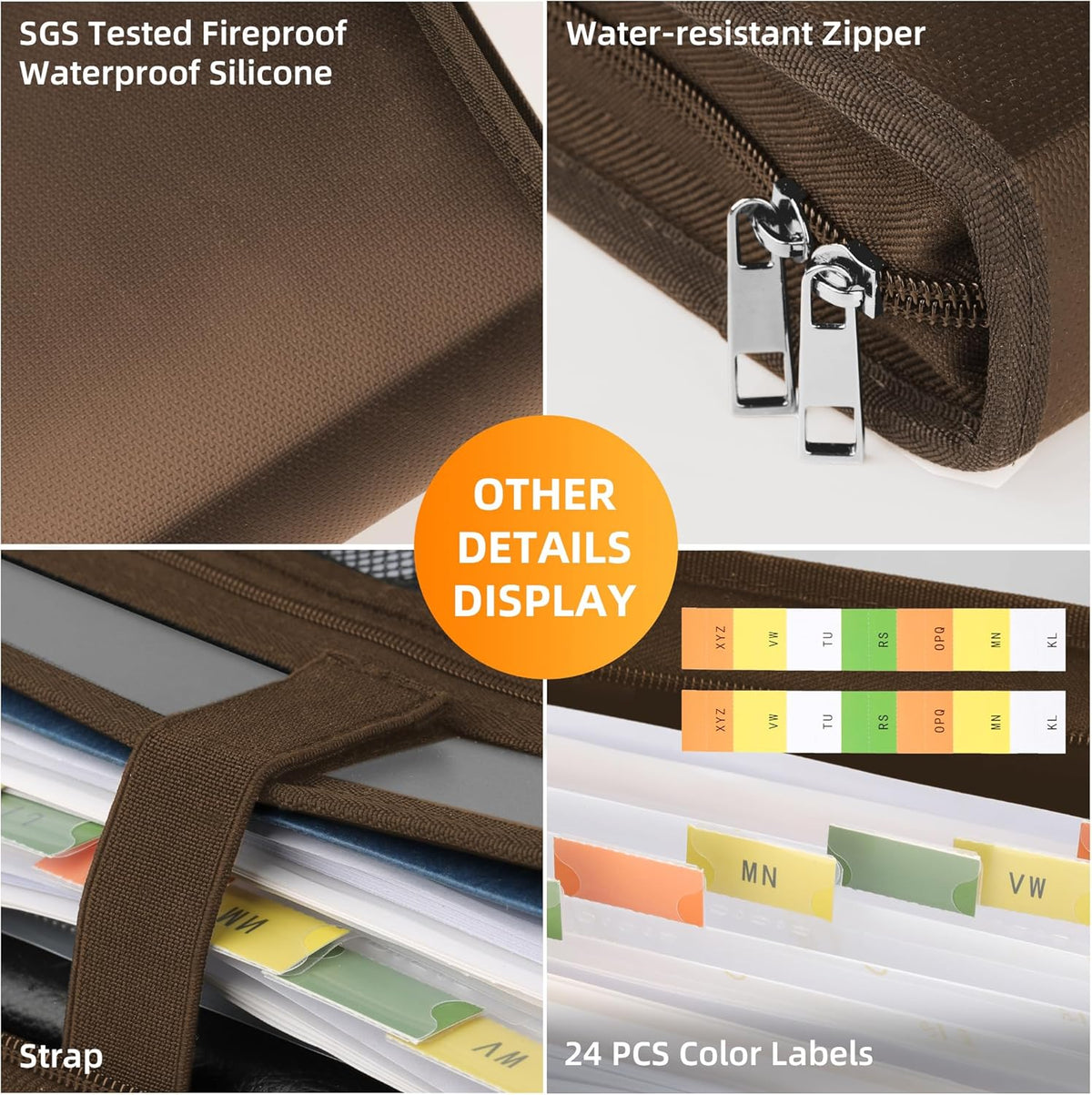 JUNDUN Accordion File Organizer - Fireproof Folder with Zipper & Labels - 12 Pocket Expanding File Folder with Multi-Pockets Paper Folder for Letter A4 Files | Receipt and More (Brown)