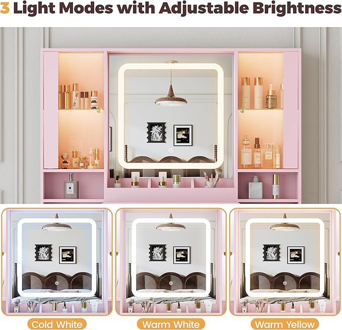 Vanity Desk with Mirror and Lights, Makeup Vanity with 7 Drawers, 2 Glass Door Cabinets, Charging Station, Adjustable Shelves, RGB Lighting, Hair Dryer Holder